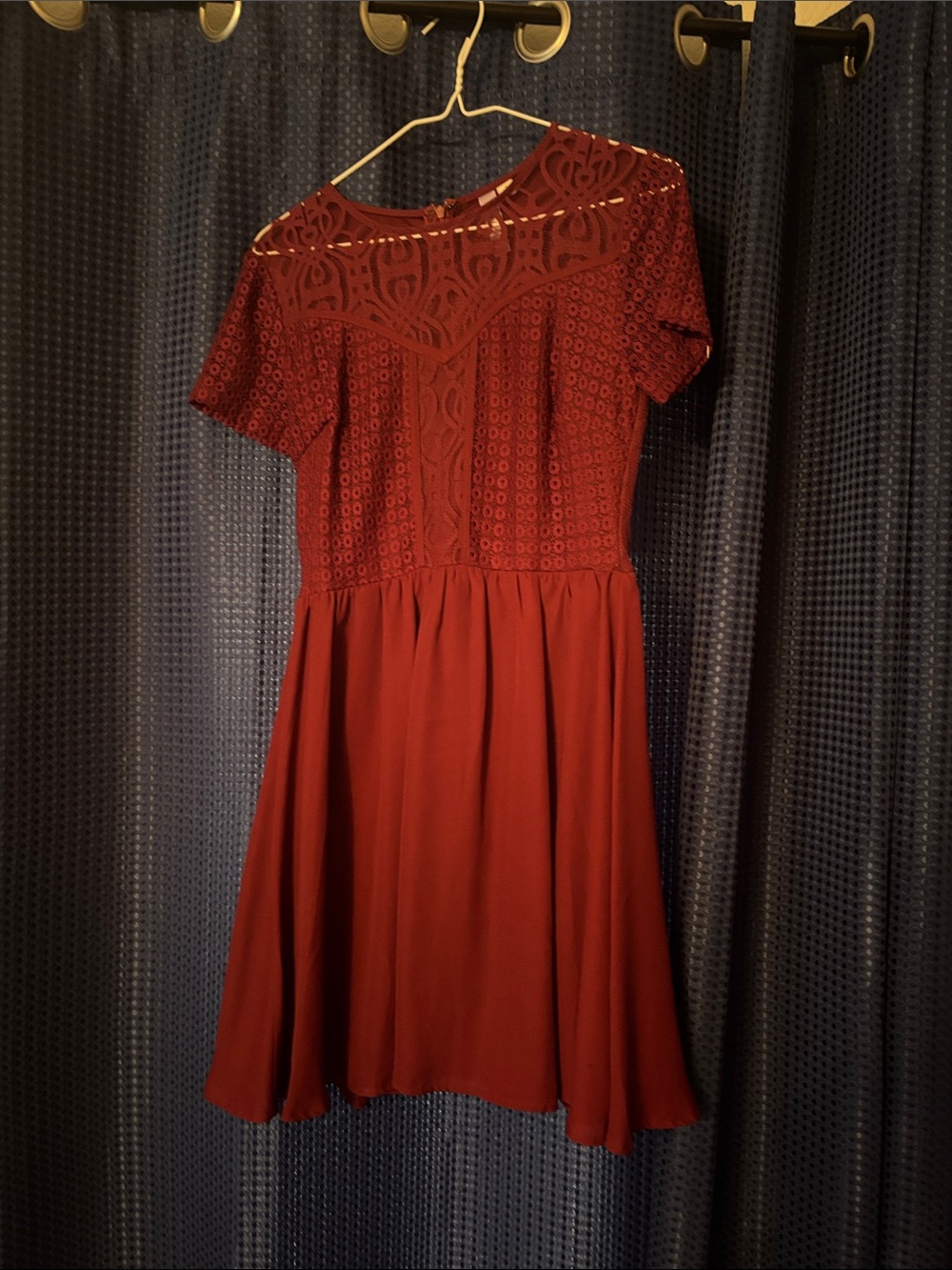 Alya Rust Lace Yoke Short Sleeve Fit & Flare Mini Dress. Maroon color
